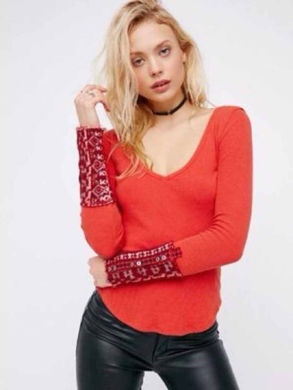 NWOT Free People We The Free Red Art School Cuff Thermal Top.